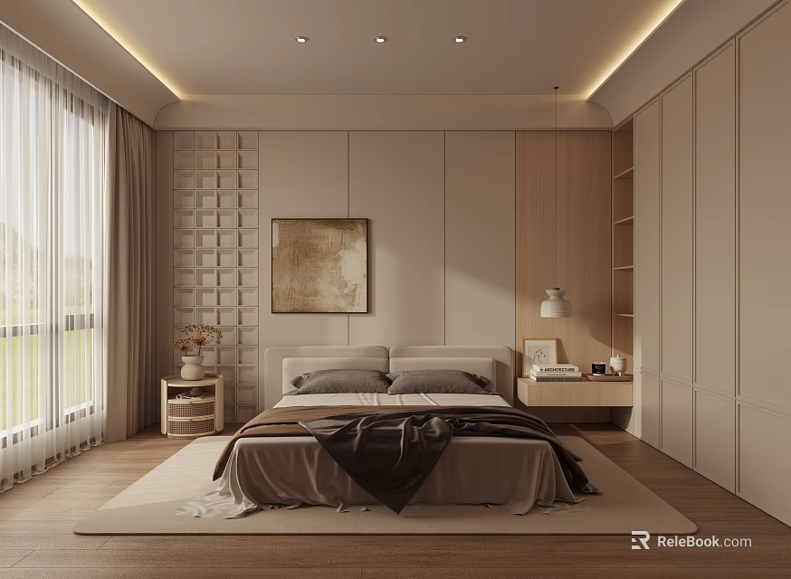 Modern Minimalist Bedroom Interior Design With Neutral Tones Wooden Floor Artwork And Built in Wardrobe 3d model 