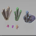 Vibrant Crystal Clusters And Small Mushroom Figurines On Reflective Black Surface