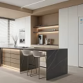 Modern Restaurant Kitchen Interior With Dark Island Countertop White Cabinets And Bar Stools