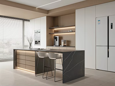 Modern Restaurant Kitchen Interior With Dark Island Countertop White Cabinets And Bar Stools 3d model