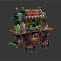 Vintage Colorful Mobile Food Cart With Striped Awning Juicy Delights Bottled Drinks And Fresh Fruits