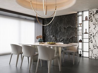 Modern Minotti Milo Dining Table and Chair Rectangular Six-Person Chandelier Stone Background model