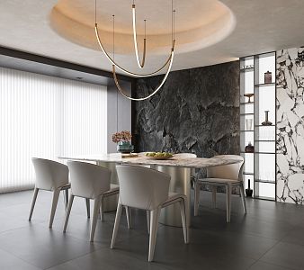 Modern Minotti Milo Dining Table and Chair Rectangular Six-Person Chandelier Stone Background 3d model