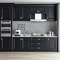 Black Cabinets In Modern Kitchen Interior With Stainless Steel Refrigerator Oven And Range Hood