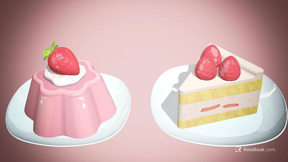 Pink Pudding with Strawberry and Cream and Layered Cake Topped with Strawberries on Pink Background 3d model 