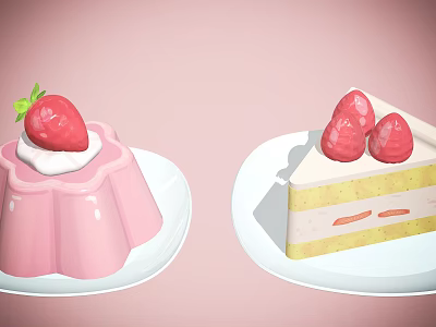 Pink Pudding with Strawberry and Cream and Layered Cake Topped with Strawberries on Pink Background 3d model