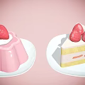 Pink Pudding with Strawberry and Cream and Layered Cake Topped with Strawberries on Pink Background