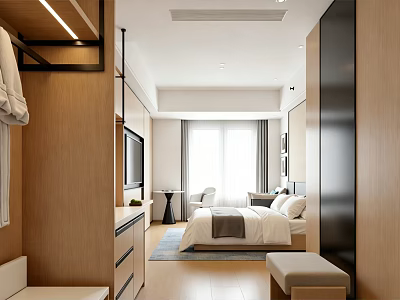 Hotel Guest Room Modern Wooden Interior With TV Bed Window Curtains Sofa Chair And Rug 3d model