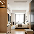 Hotel Guest Room Modern Wooden Interior With TV Bed Window Curtains Sofa Chair And Rug