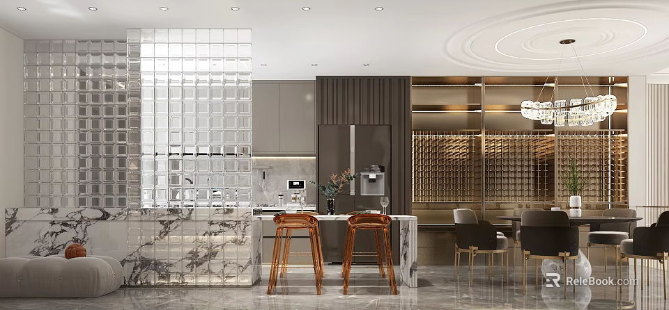 Elegant Dining Living Room Interior With Marble Counter Wine Rack And Gold Accent Chairs 3d model 