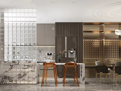 Elegant Dining Living Room Interior With Marble Counter Wine Rack And Gold Accent Chairs 3d model
