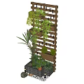 Vertical Wooden Trellis Garden Decor With Multiple Planters Green Plants Brick Base And Decorative Stones