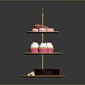 Three Tier Display Shelf With Macarons Cupcakes Chocolate And Heart Shaped Cookies