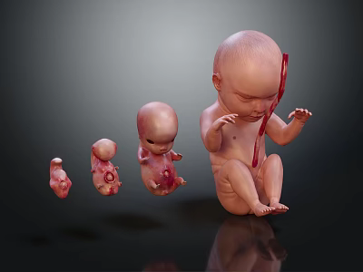 Human Fetal Development Stages With Progressive Growth Models And Umbilical Cord 3d model