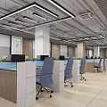Modern Public Office Space Interior Design With Open Workstations Blue Office Chairs And Desktop Computers 3d model