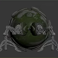 Green Spherical Mechanical Creature With Robotic Legs And Decorative Details