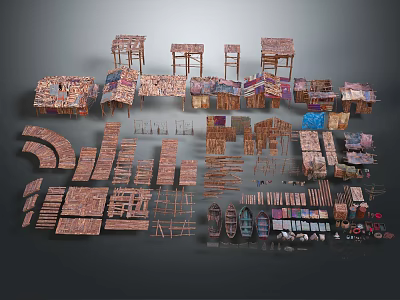 Wooden Boat Components Collection Including Various Wooden Structures And Parts 3d model