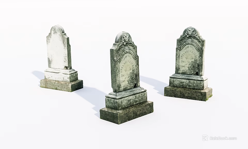 Three Ancient Stone and Wood Tombstones With Carved Details and Vintage Design 3d model 