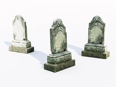 Three Ancient Stone and Wood Tombstones With Carved Details and Vintage Design 3d model