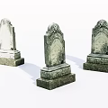 Three Ancient Stone and Wood Tombstones With Carved Details and Vintage Design