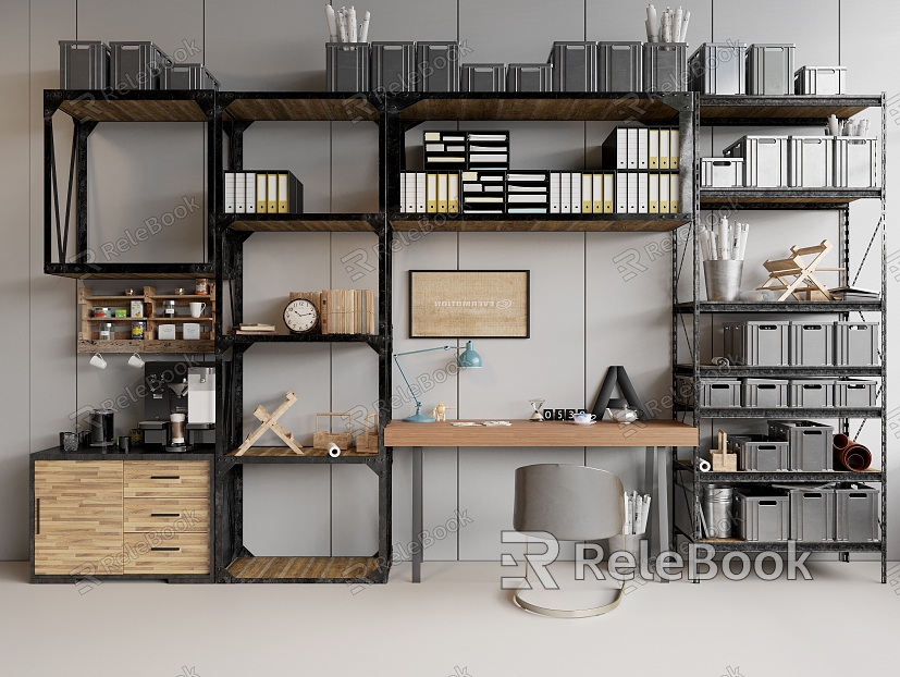 Industrial Style Shelf Metal Shelf Office Storage Rack File Induction Box File Induction Clip Solid Wood Office Desk Metal Office Chair Coffee Console Coffee Machine model