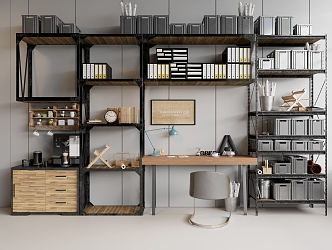 Industrial Style Shelf Metal Shelf Office Storage Rack File Induction Box File Induction Clip Solid Wood Office Desk Metal Office Chair Coffee Console Coffee Machine 3d model