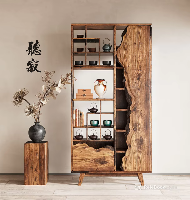 Wooden Chinese Style Display Shelf With Tea Sets Vases Books And Decorative Items 3d model 