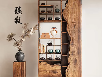 Wooden Chinese Style Display Shelf With Tea Sets Vases Books And Decorative Items 3d model