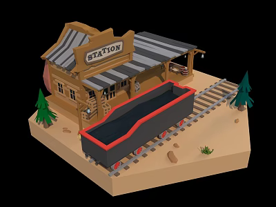 Cartoon Scene of Baxton Building with Train Tracks and Train Car on Sandy Ground 3d model