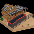 Cartoon Scene of Baxton Building with Train Tracks and Train Car on Sandy Ground