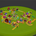 Cartoon Village Scene With Colorful Houses Winding Roads Trees And Street Lamps