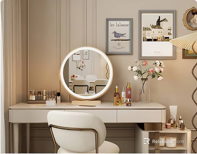 Elegant Dressing Table With Round Mirror Lights Chair Skincare Products And Wall Art 3d model 