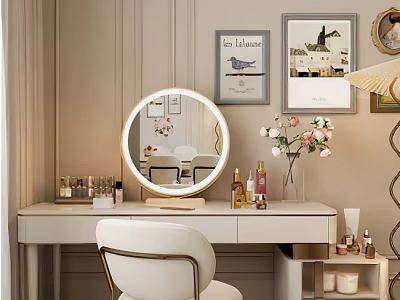 Elegant Dressing Table With Round Mirror Lights Chair Skincare Products And Wall Art 3d model