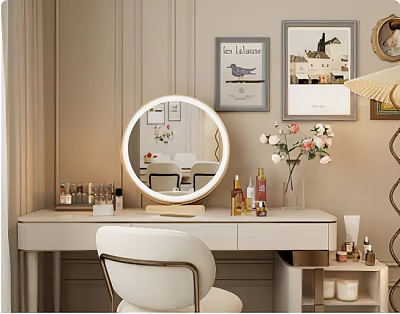 Elegant Dressing Table With Round Mirror Lights Chair Skincare Products And Wall Art 3d model
