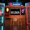Vibrant Neon Ramen Shop Interior With MUMA Sign Bar Counter Stools And Brick Walls