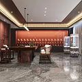 Chinese Style Bar Interior With Mahogany Furniture Display Cabinets Marble Floor And Decorative Paintings