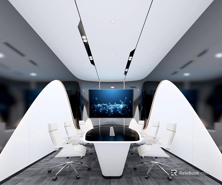 Modern Conference Room Interior Design With White Chairs Meeting Table And Large Screen 3d model 