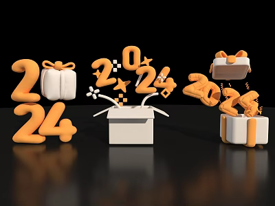 Decorative 2024 2025 Numbers With Gift Boxes And Exploding Box Effect 3d model