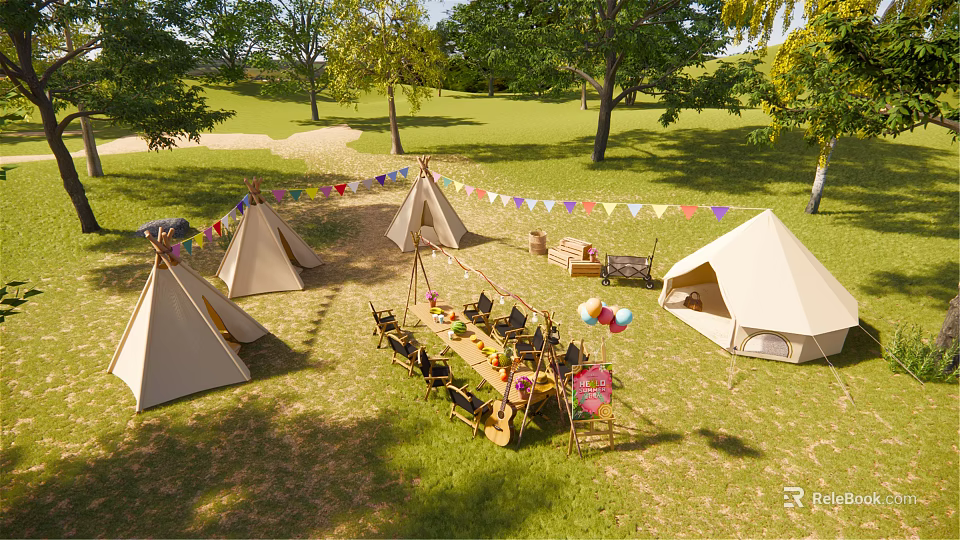Scenic Garden Landscape With Canvas Tents Green Grass Trees And Bunting Flags 3d model 