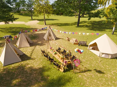 Scenic Garden Landscape With Canvas Tents Green Grass Trees And Bunting Flags 3d model