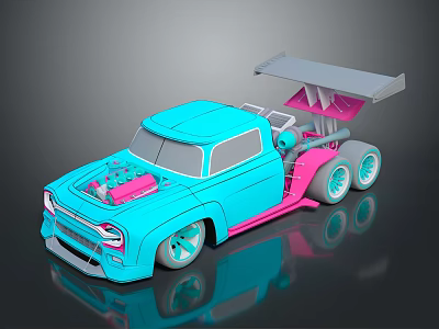 Blue Custom Modified Truck With Pink Engine Large Rear Spoiler And White Wheels 3d model
