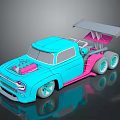 Blue Custom Modified Truck With Pink Engine Large Rear Spoiler And White Wheels
