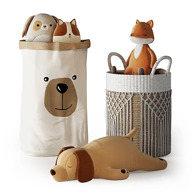 Stuffed Plush Animal Toys Fox and Dog in Bear Face Storage Bag and Woven Basket 3d model