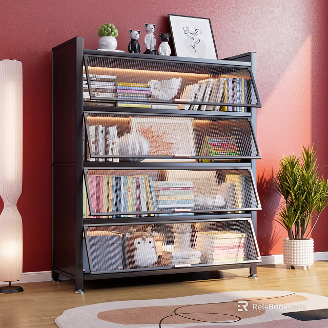 Modern Black Bookshelf with Mesh Shelves Books Decorative Items and Green Plant Near Red Wall 3d model 