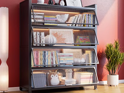 Modern Black Bookshelf with Mesh Shelves Books Decorative Items and Green Plant Near Red Wall 3d model