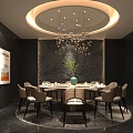 Luxurious Private Dining Room With Round Table Chairs Gold Chandelier Stone Wall And Green Vase