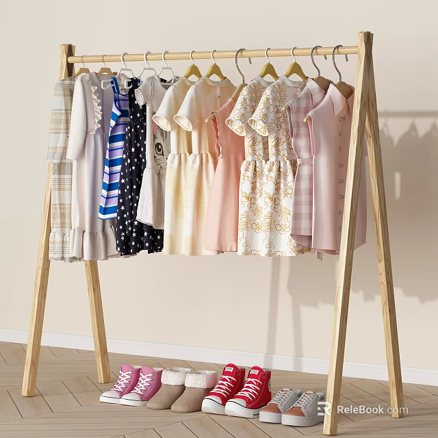 Wooden Standing Clothes Rack With Hanging Dresses Shirts And Colorful Clothing 3d model 