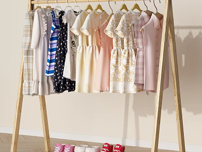 Wooden Standing Clothes Rack With Hanging Dresses Shirts And Colorful Clothing 3d model