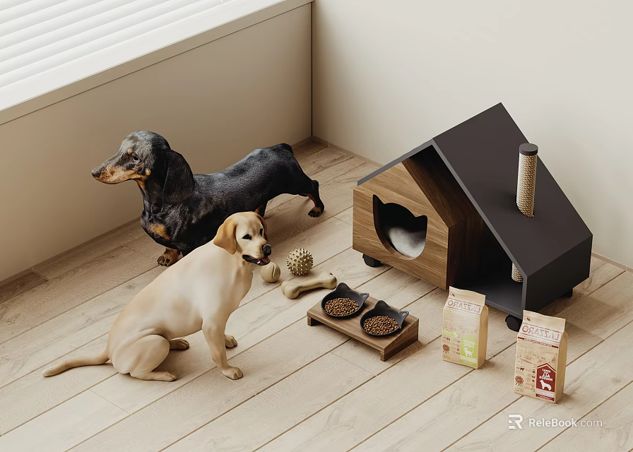 Indoor Scene With Dogs Dog House Bowls And Pet Food Bags On Wooden Floor 3d model 