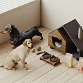 Indoor Scene With Dogs Dog House Bowls And Pet Food Bags On Wooden Floor